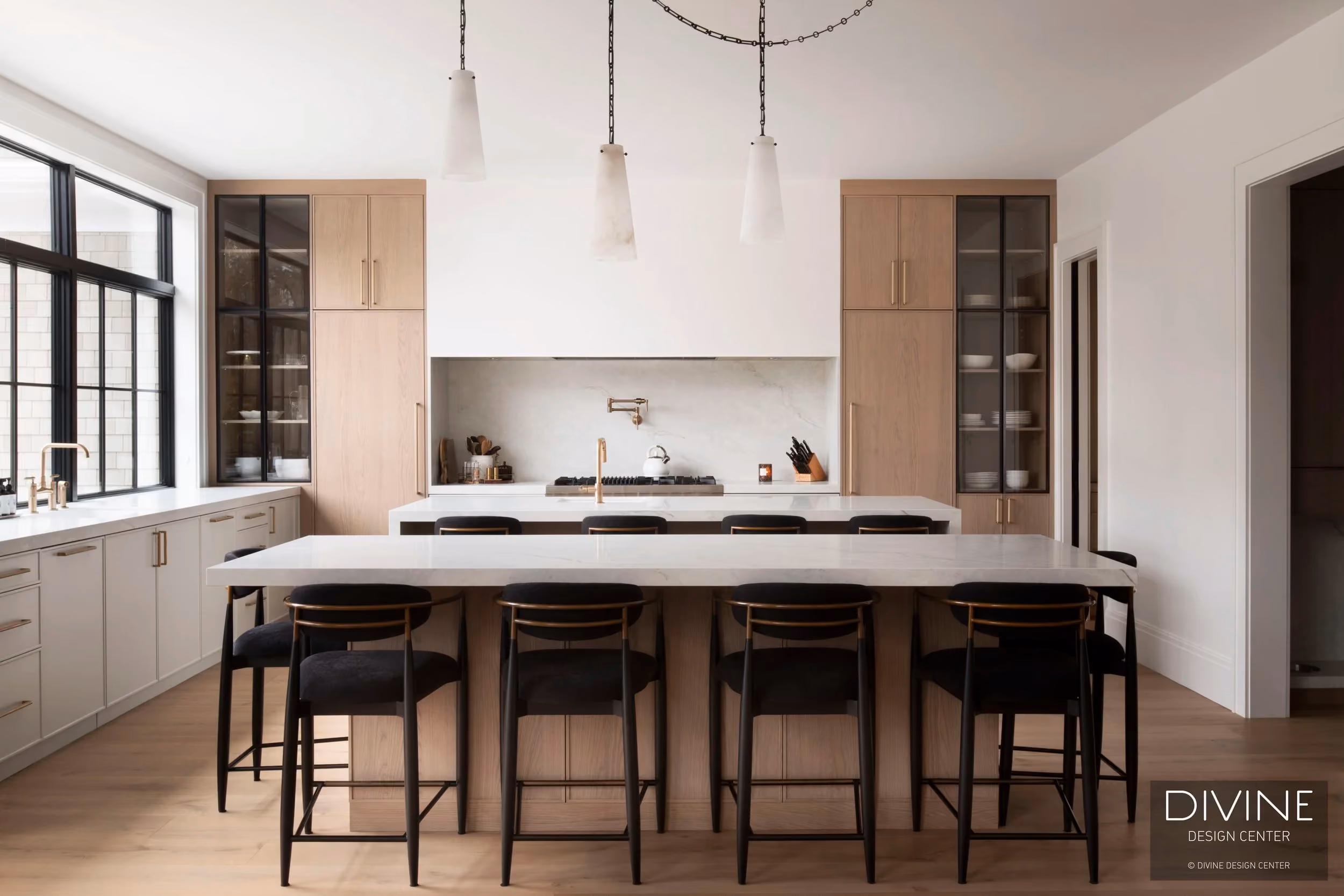 Double-Island Warm Modern Kitchen in Suburban Boston