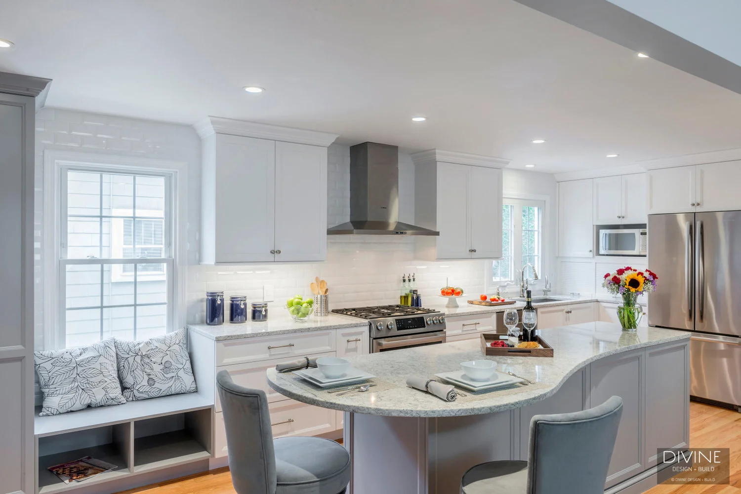 Boston MetroWest Transitional Kitchen Grey Island