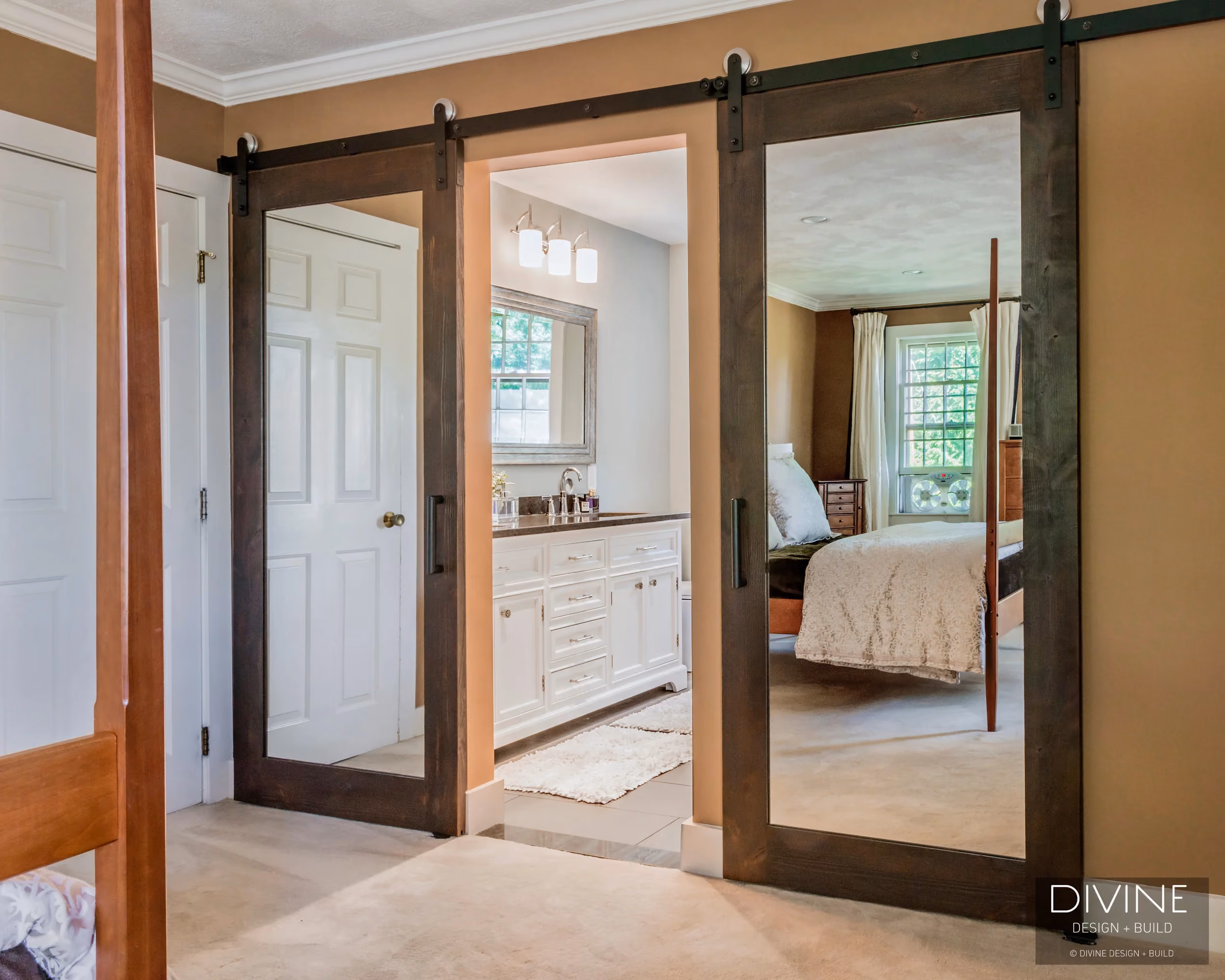 Dover Transitional Master Bathroom Barn Doors, by Divine Design Center