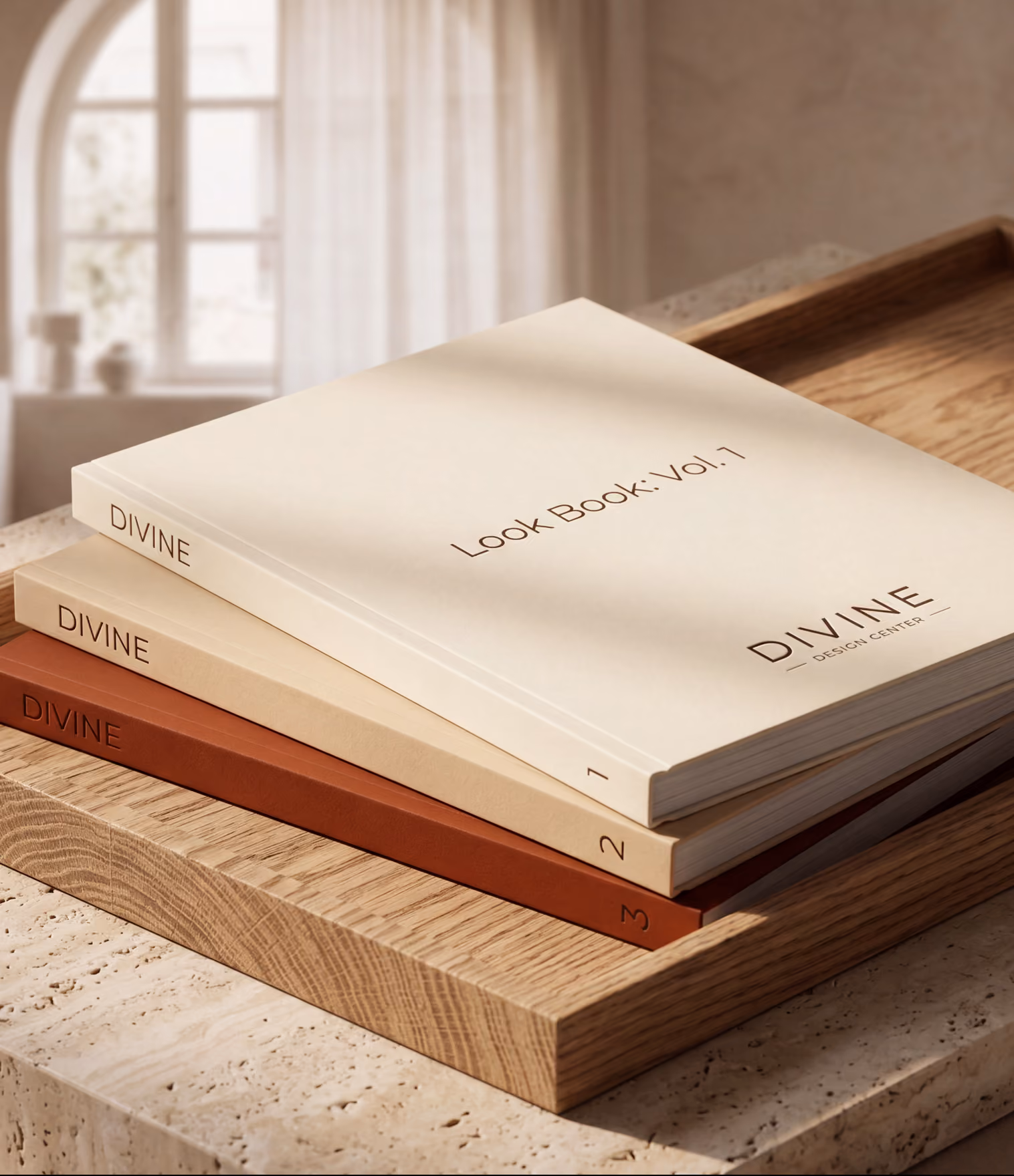 Three stacked look book volumes titled Divine on a wooden tray by a stone windowsill.