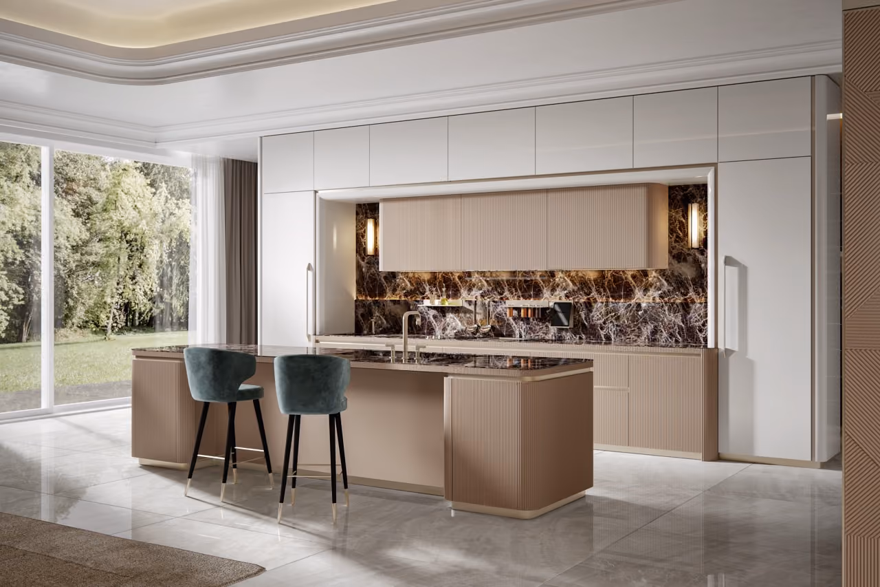 Modern kitchen with beige cabinets, marble backsplash, island, and two green velvet stools by large window.