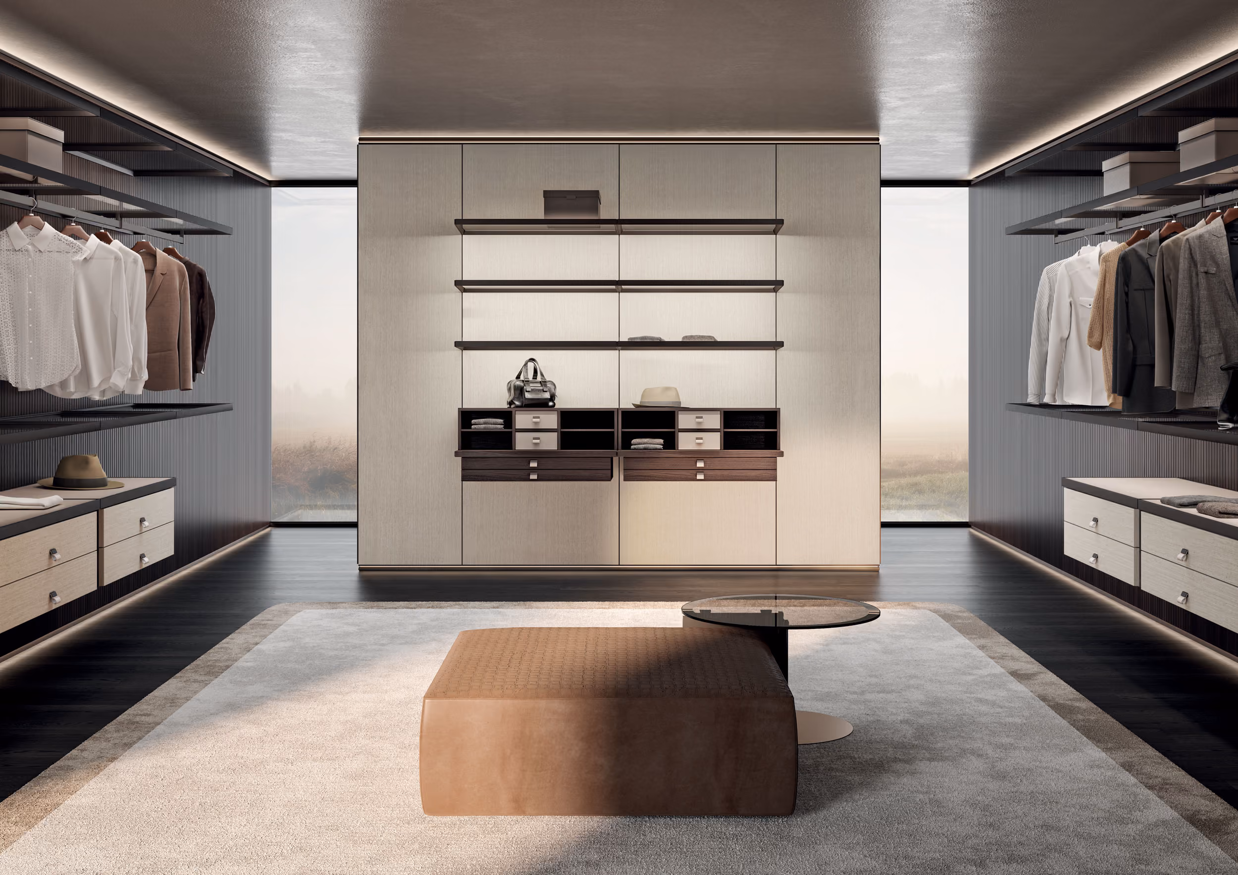 Minimalist walk-in closet with hanging clothes, shelves, a brown ottoman, and a small round glass table.