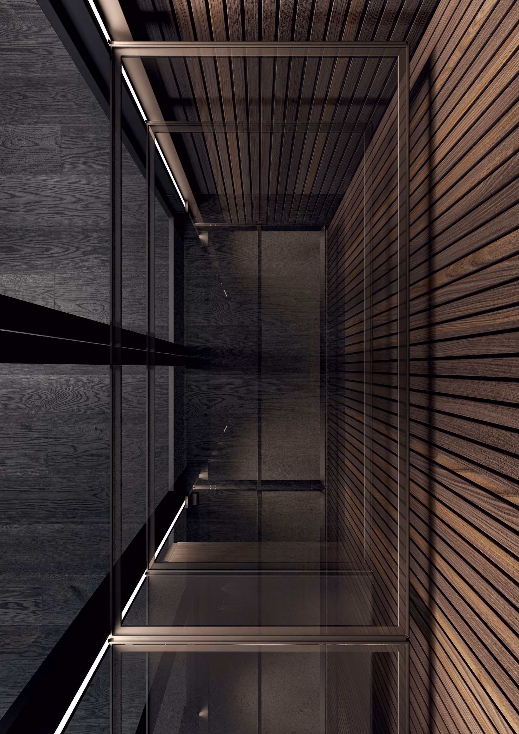 Modern wooden sauna interior with glass door and dark wood slats on walls and ceiling.