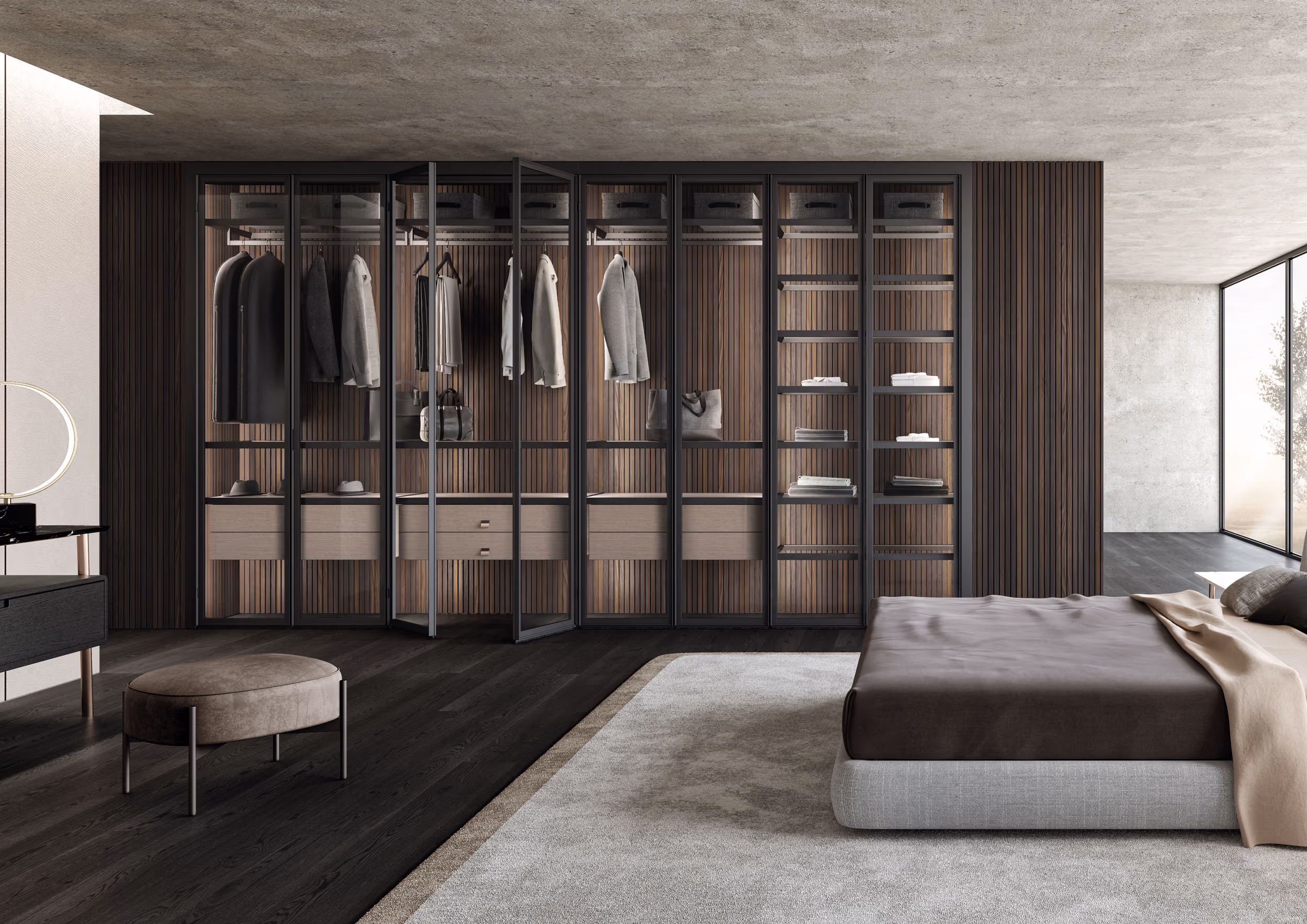 Modern bedroom with glass wardrobe, dark wood floor, gray bed, beige rug, and a round stool.