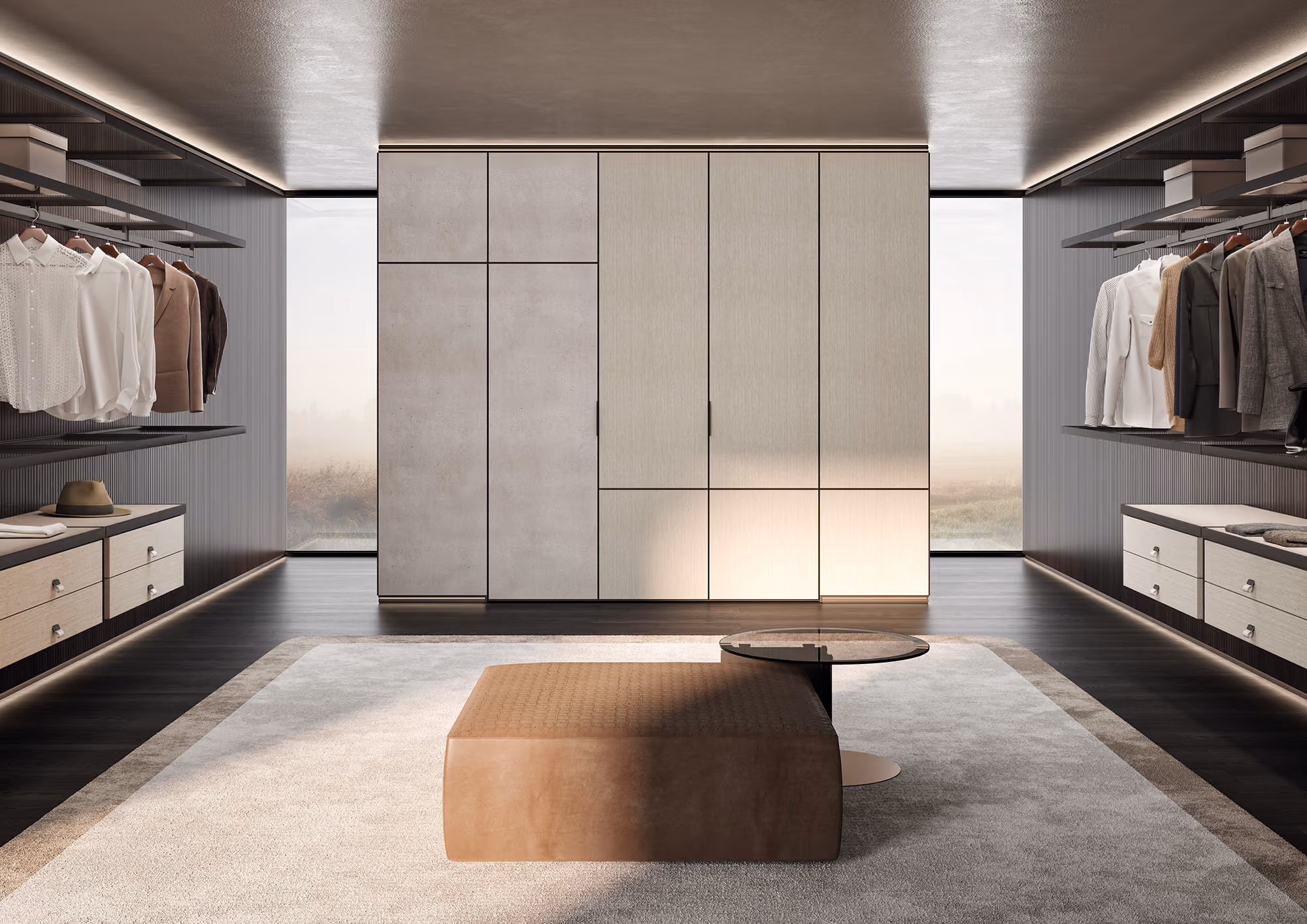 Modern walk-in closet with dark walls, open shelves holding hanging clothes on both sides, low drawers underneath, a large light-colored wardrobe at the back, a beige ottoman, and a small round side table on a light rug in the center.