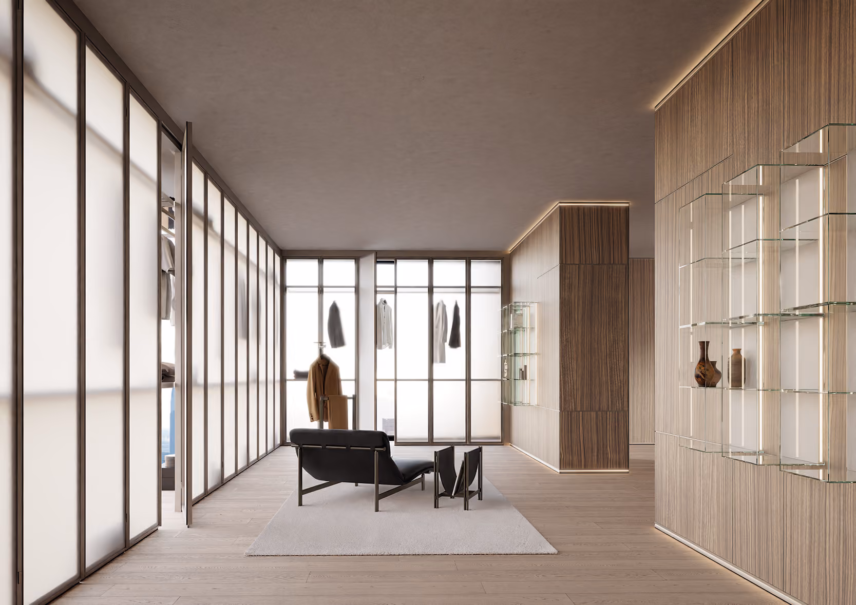 Minimalist room with frosted glass walls, a black lounge chair, clothes rack, and wood-paneled walls.