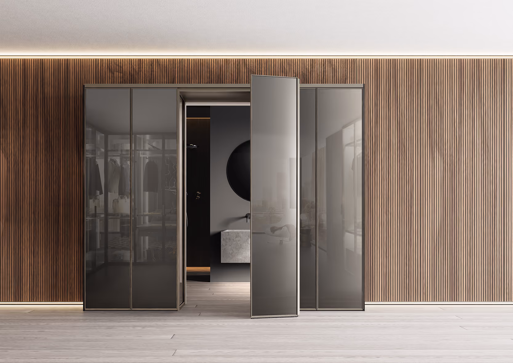 Modern glass doors opening to a dark interior with a round mirror and a minimalist sink against wood paneling.