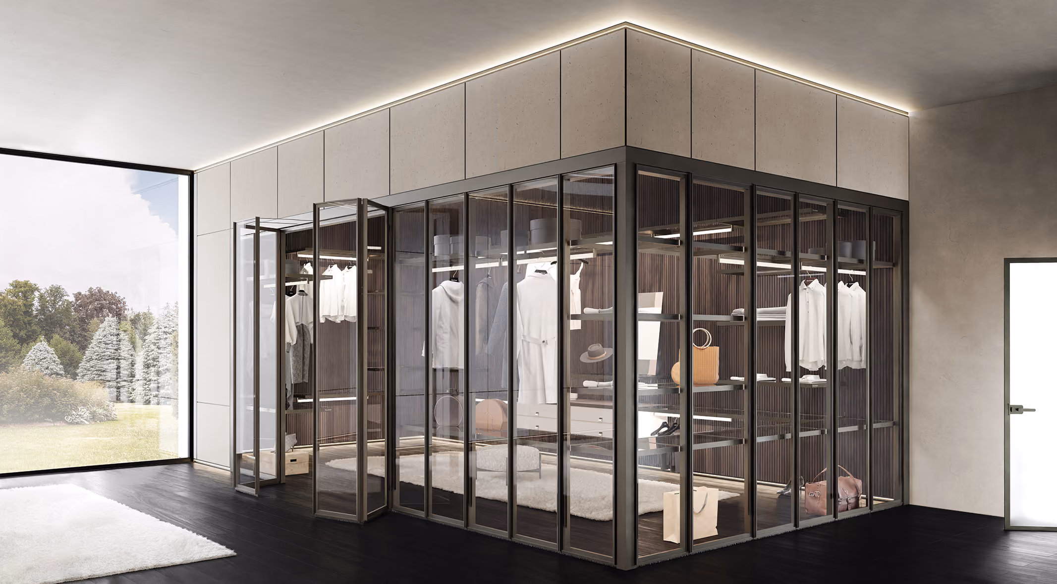Modern walk-in closet with glass doors, hanging clothes, shelves, and a white rug on dark floor.