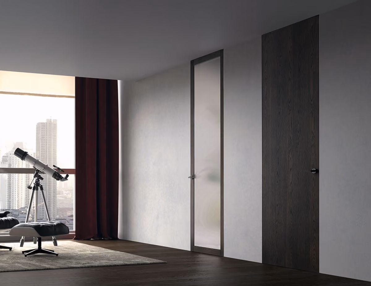 Modern interior with two closed doors on a plain white wall, a large window with city view, a telescope on a tripod, and a lounge chair on a rug.