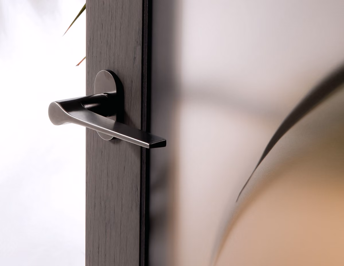 Matte black modern door handle on a textured dark wood door with frosted glass panel.