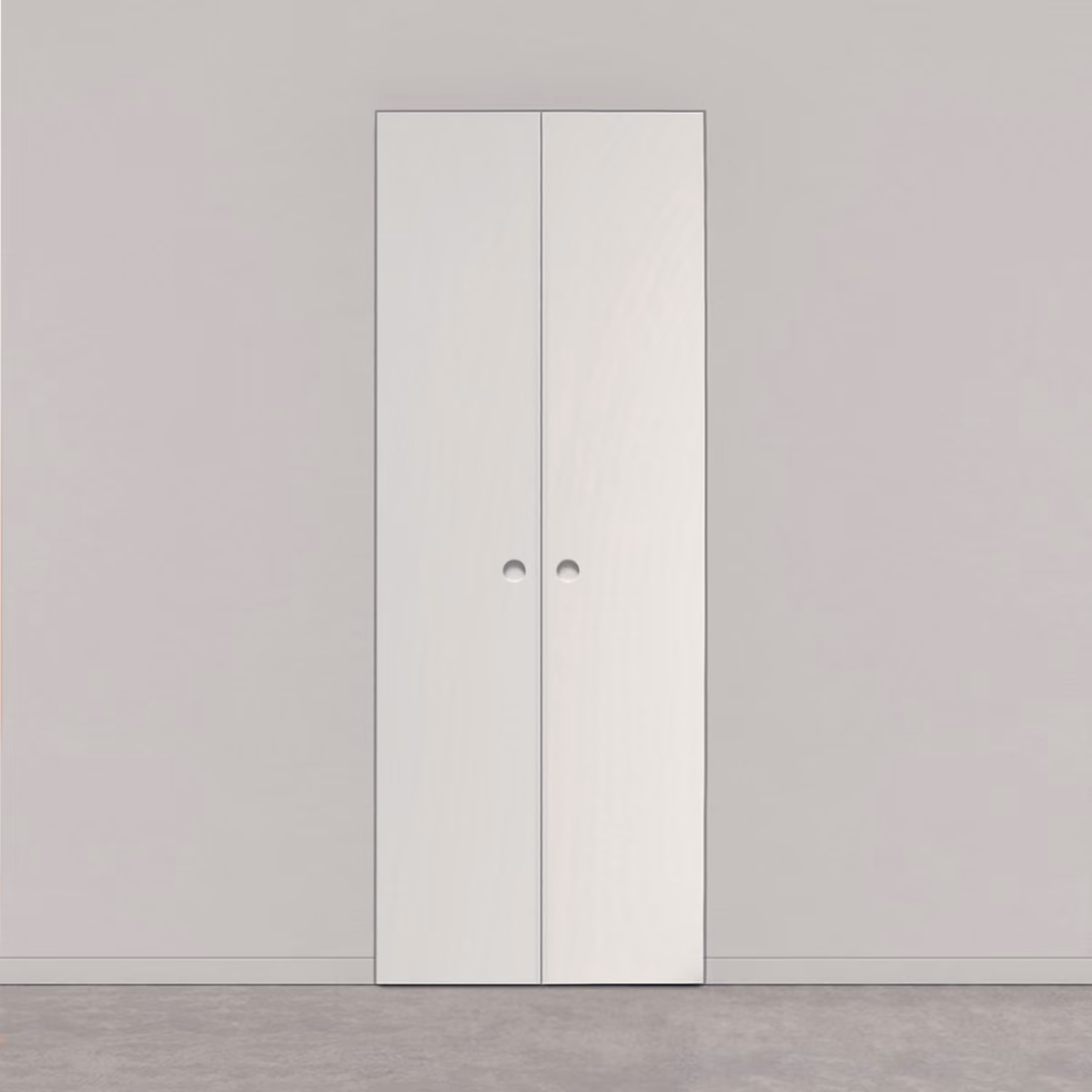 Closed white double doors with round handles on a gray wall and floor.