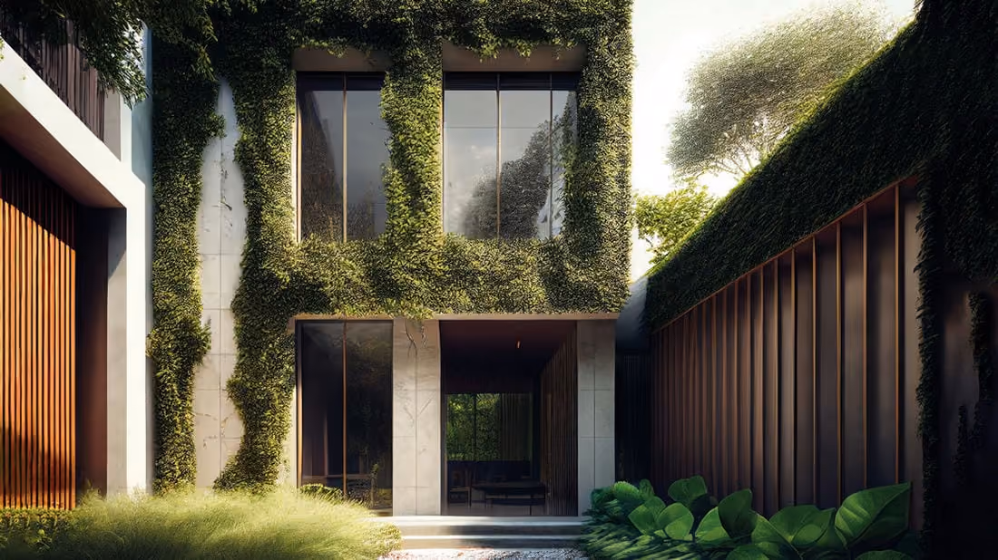 Modern house facade with large windows and walls covered in green climbing plants and surrounding foliage.