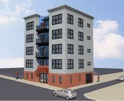 Four-story modern residential building on a corner lot with multiple windows and exterior staircases, surrounding sidewalks, two parked cars, and a partly cloudy sky.