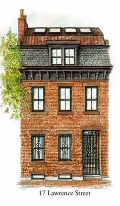 Illustration of a narrow three-story brick townhouse with a black wrought iron gate and window grilles on the ground floor, windows on upper floors, a gray shingled mansard roof with skylights, and a chimney on the left side, labeled '17 Lawrence Street.'
