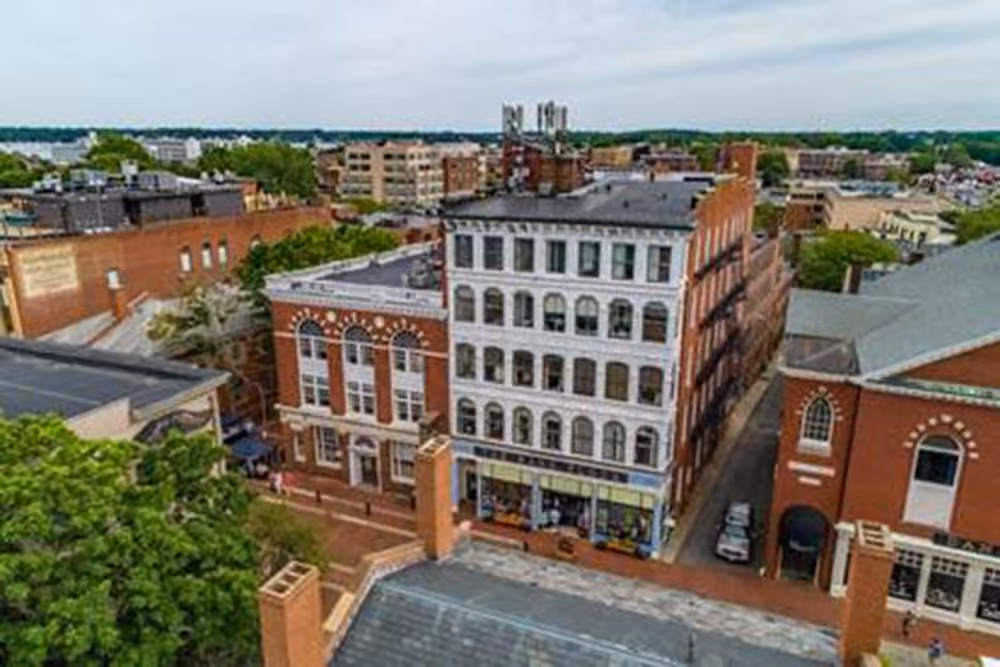 Aerial view of a historic urban block featuring multi-story brick and white buildings with architectural details, alongside leafy green trees under a cloudy sky.