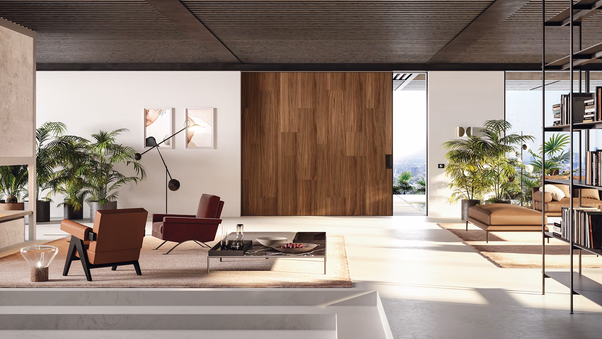 Modern living room with mid-century style chairs and a low coffee table on a rug, surrounded by large potted plants, with a wooden sliding door in the back and a bookshelf on the right side.