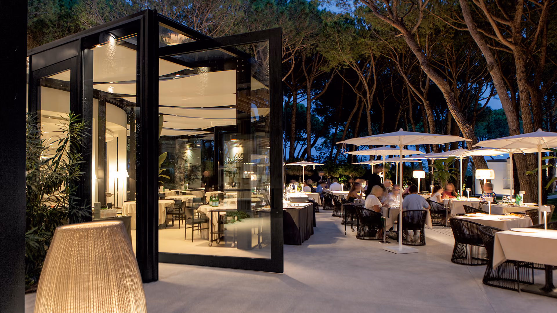 Outdoor restaurant seating area at night with white tablecloths, umbrellas, people dining, and ambient lighting among tall trees, adjacent to a modern glass-walled indoor dining space.