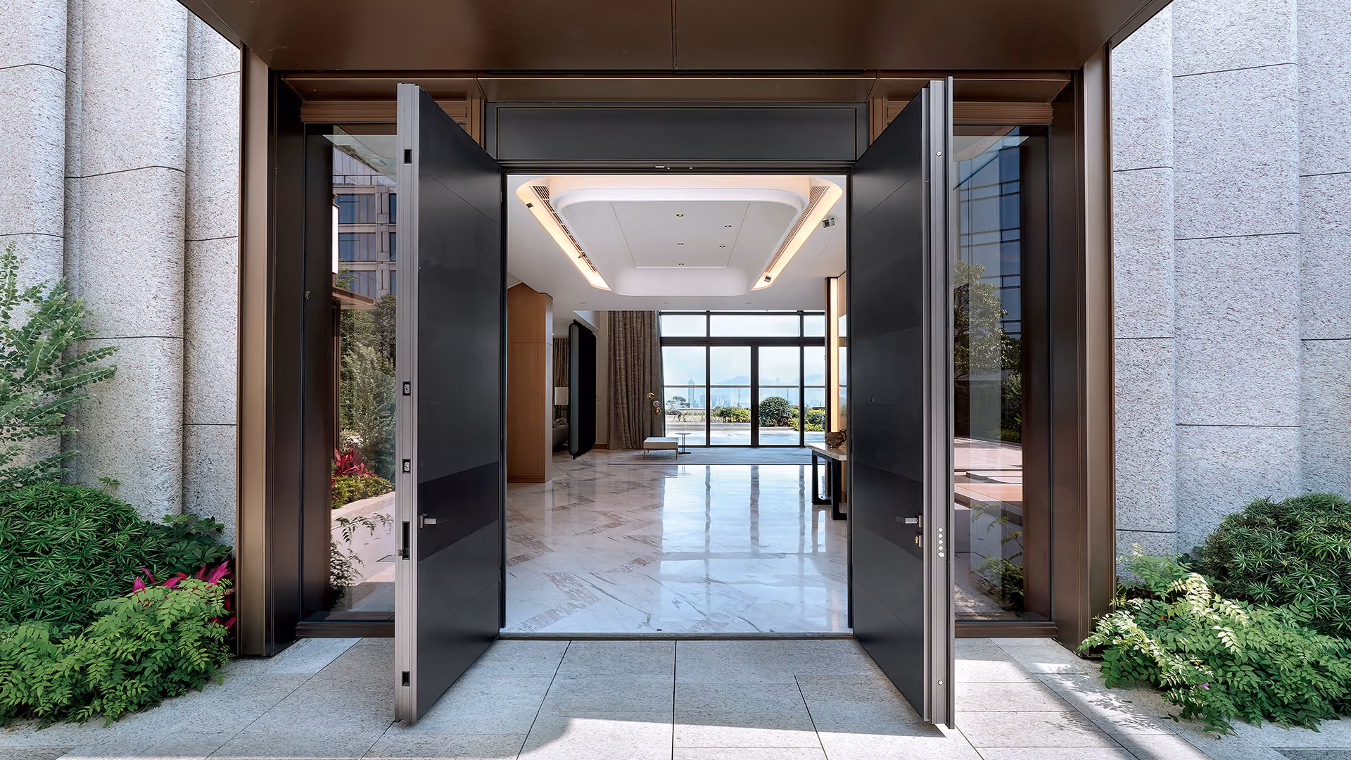 Open double black doors leading to a spacious modern interior with polished marble floors, large windows showing a view of a garden and distant buildings, and contemporary ceiling lights.