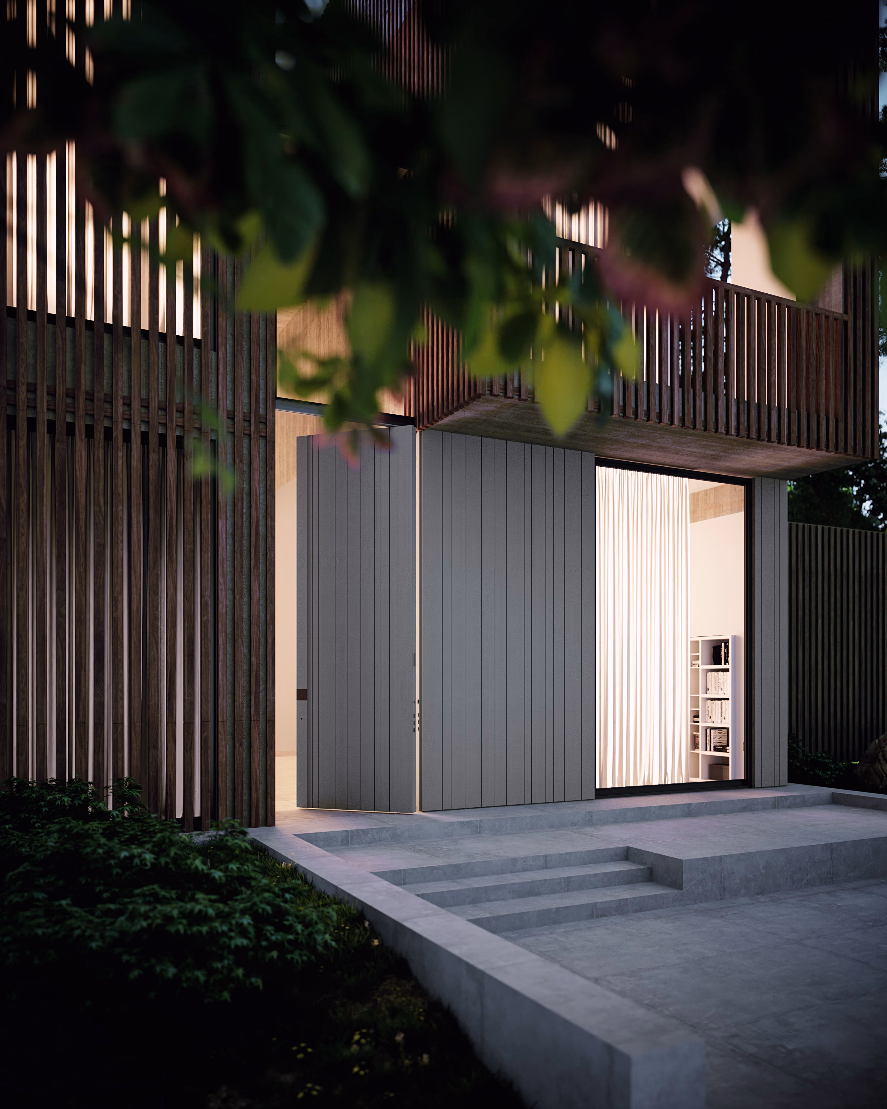 Modern house entrance with large gray vertical panel door partially open, concrete steps leading up, wooden slatted balcony above, and illuminated interior with white curtains and a bookshelf visible through a large window.