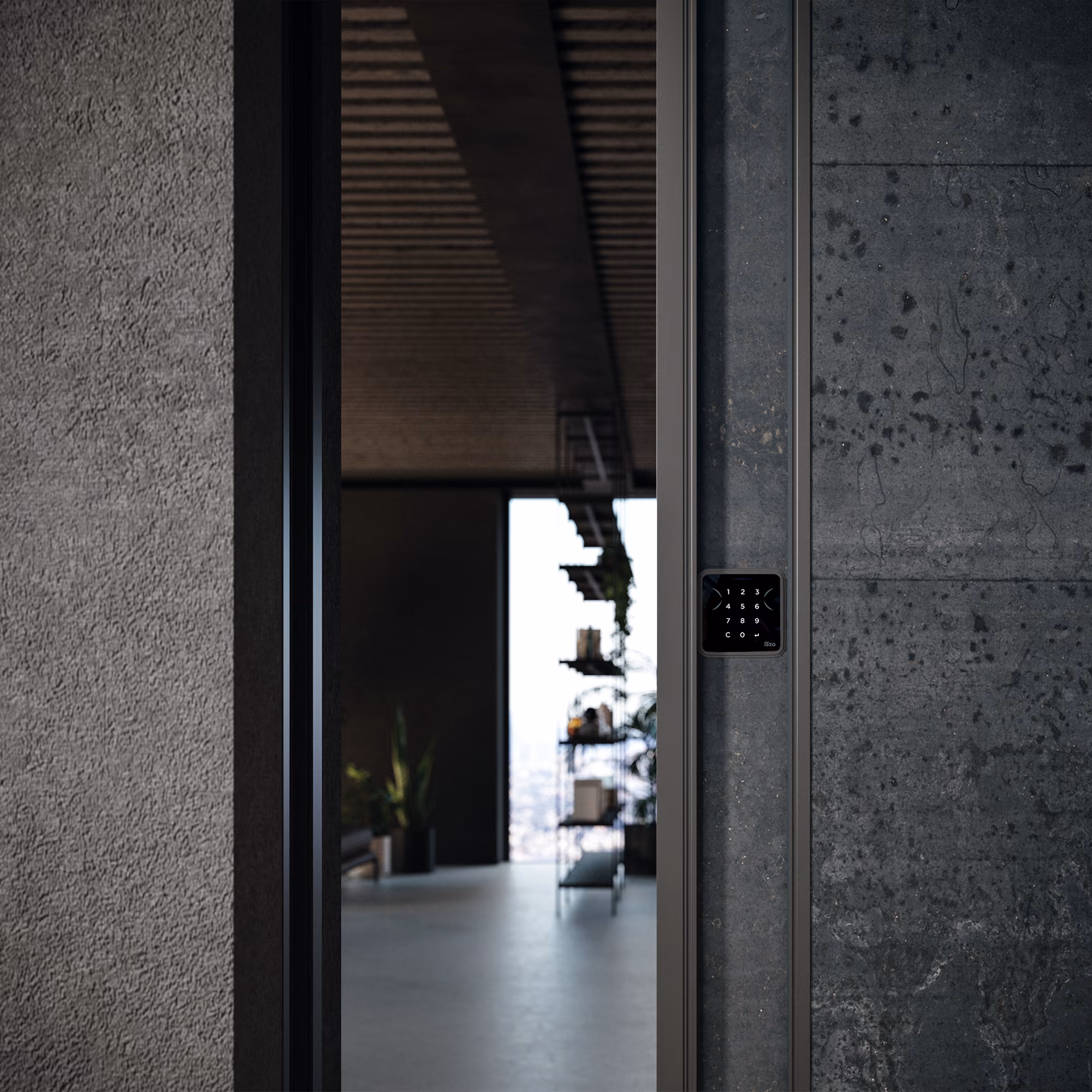Modern interior entrance with sliding glass door featuring a sleek digital keypad lock on a textured dark wall, with an open space and shelves visible inside.