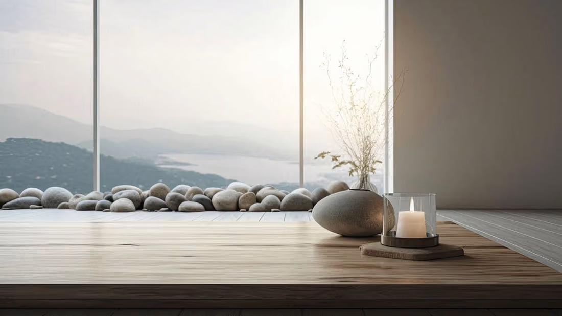 Minimalist interior with large floor-to-ceiling windows showing a misty mountain and lake view, wooden floor, smooth stones along the window base, and a large smooth stone with a delicate dried plant and a lit candle in a glass holder on a wooden slab.