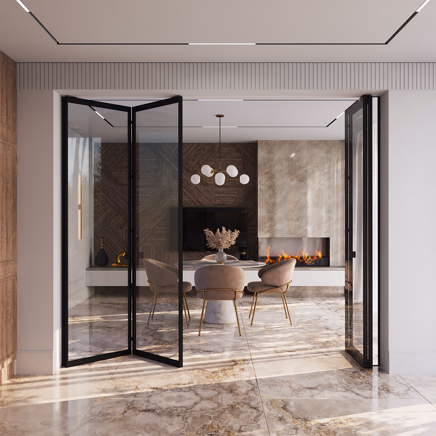 Modern living room viewed through black-framed glass folding doors, featuring a round marble table with four beige chairs, a large TV mounted on a dark geometric wooden accent wall, a linear fireplace with flames on a beige marble wall, and a unique pendant light with multiple white globes.