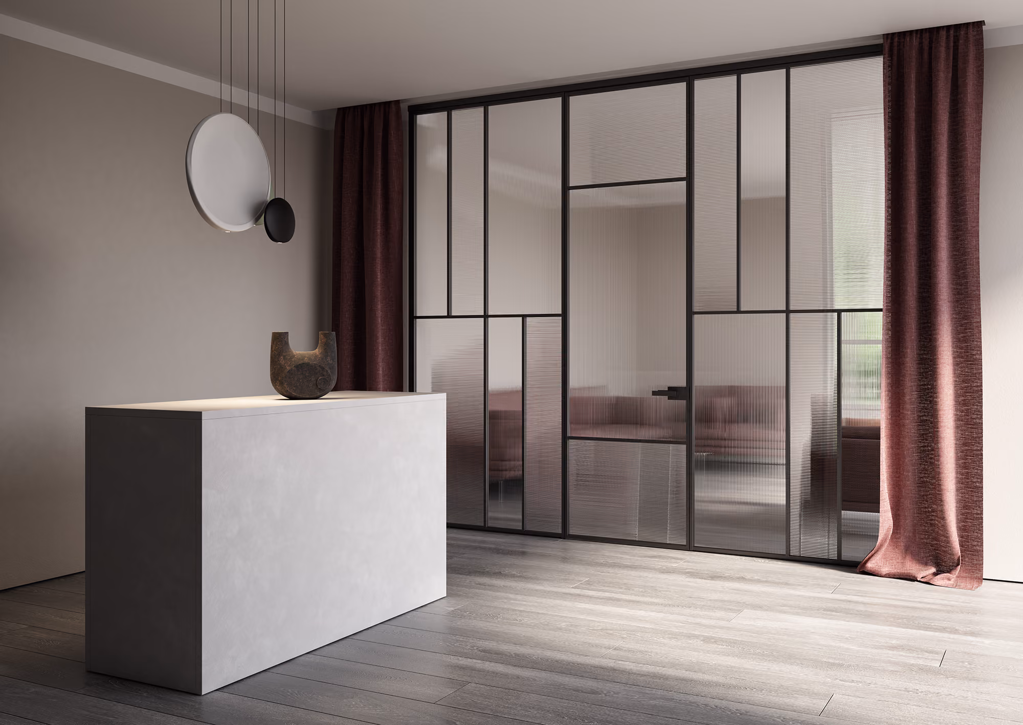 Minimalist interior featuring a light gray rectangular table with a small abstract sculpture on top, pendant lights above, and black-framed glass sliding doors with textured panels partially covered by dark mauve curtains, showing a glimpse of a pink sofa inside.