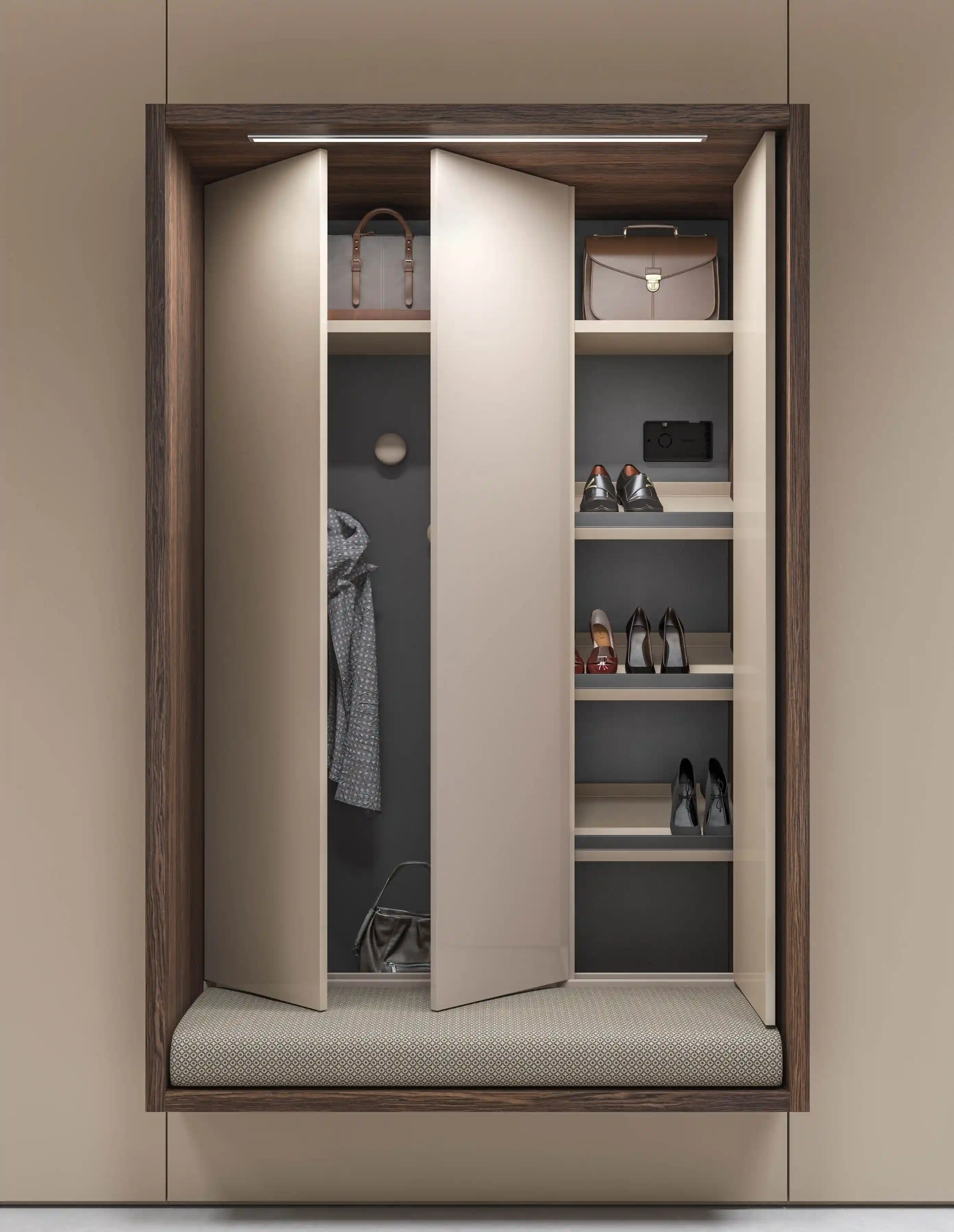 Modern wardrobe with open beige doors revealing shelves with handbags and pairs of shoes, and a hanging jacket; a cushioned bench sits beneath the wardrobe inside a dark wood frame.