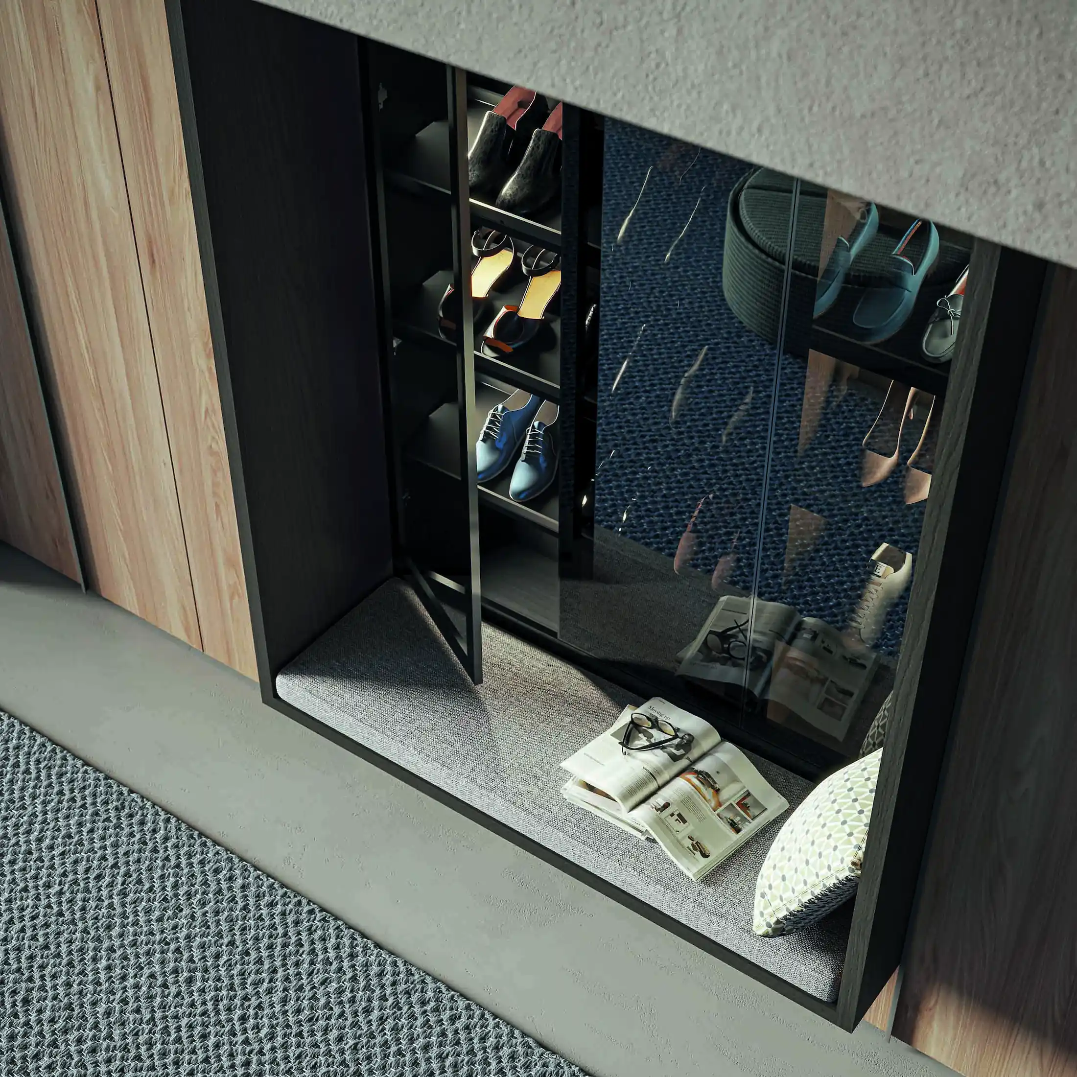 Modern shoe cabinet with a mirrored door reflecting multiple pairs of shoes and a blue carpet, with a cushioned bench inside holding an open magazine and a pillow.