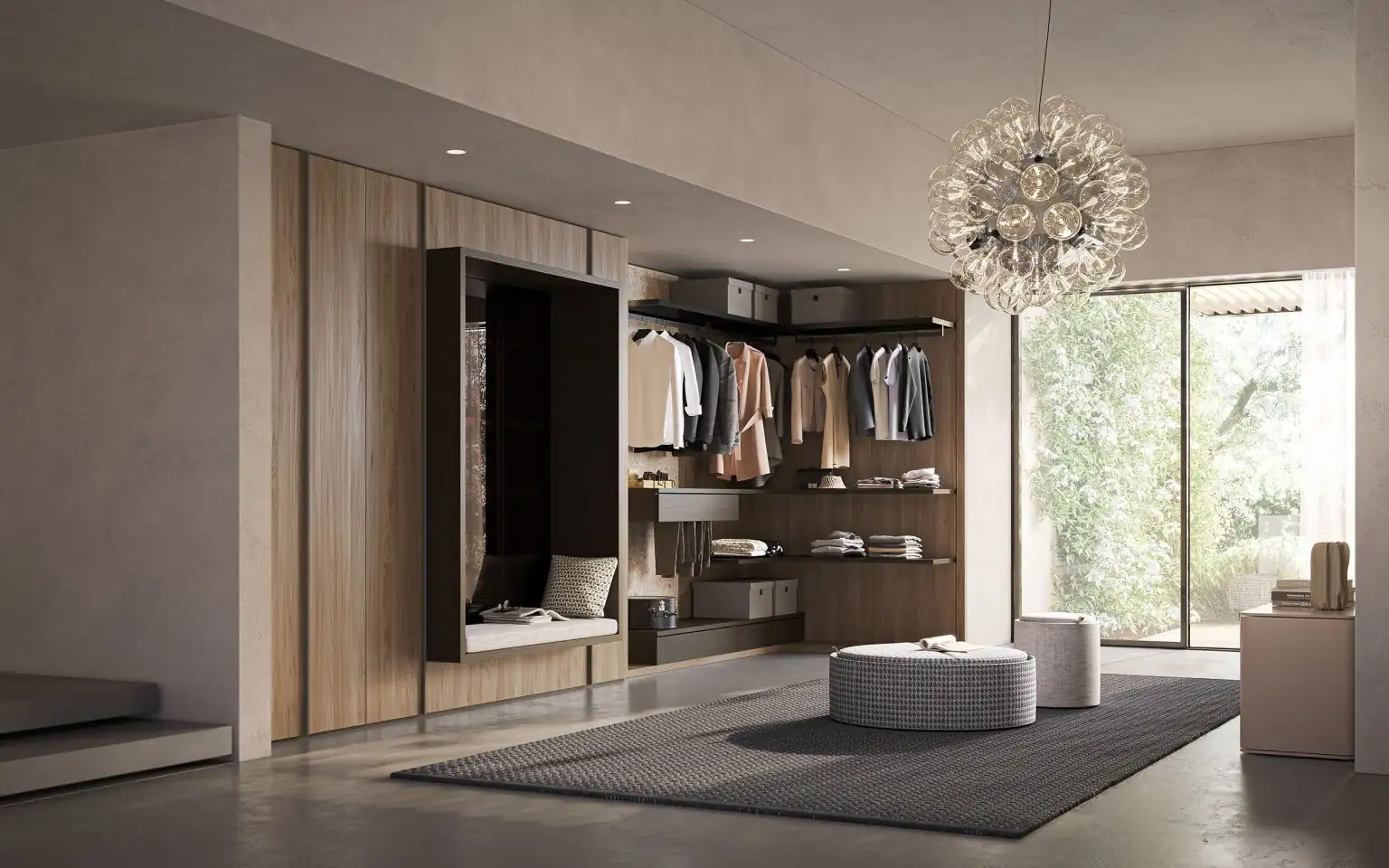 Modern walk-in closet with wooden panel walls, built-in shelves and hanging clothes, a cushioned bench with pillows, a round ottoman, a large window showing greenery outside, and a decorative spherical chandelier.