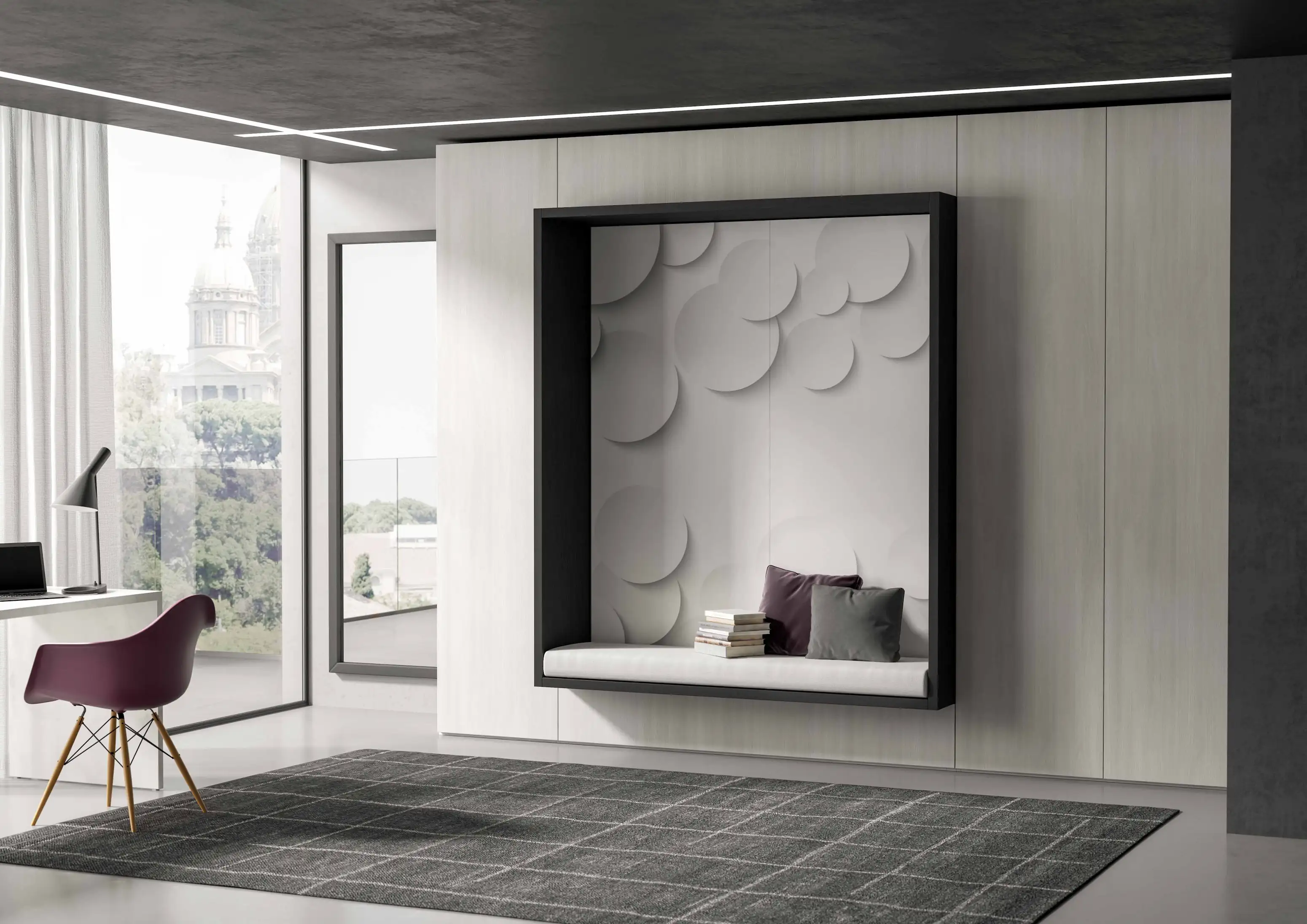 Modern minimalist room with a large window showing a cityscape, a work desk with a laptop and lamp, a dark purple chair with wooden legs, a floating dark-framed cushioned wall seat with decorative pillows and stacked books, light wood wall panels, and a dark checkered rug on the floor.