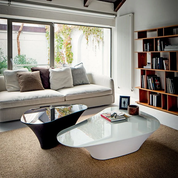 Modern living room with a beige sofa adorned with assorted pillows, two sculptural black and white coffee tables with books and decorative items, large windows showing outside greenery, and a wooden bookshelf filled with books on the right wall.