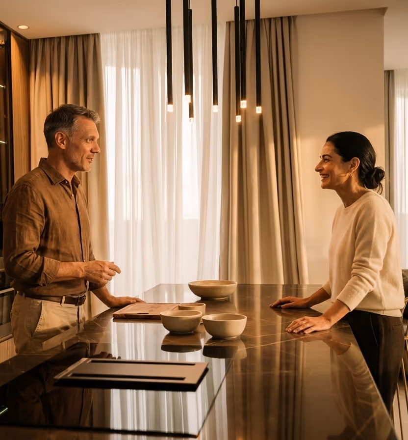 Man and woman standing opposite each other at a kitchen island with bowls and a cutting board, engaged in conversation, with warm lighting and curtains in the background.