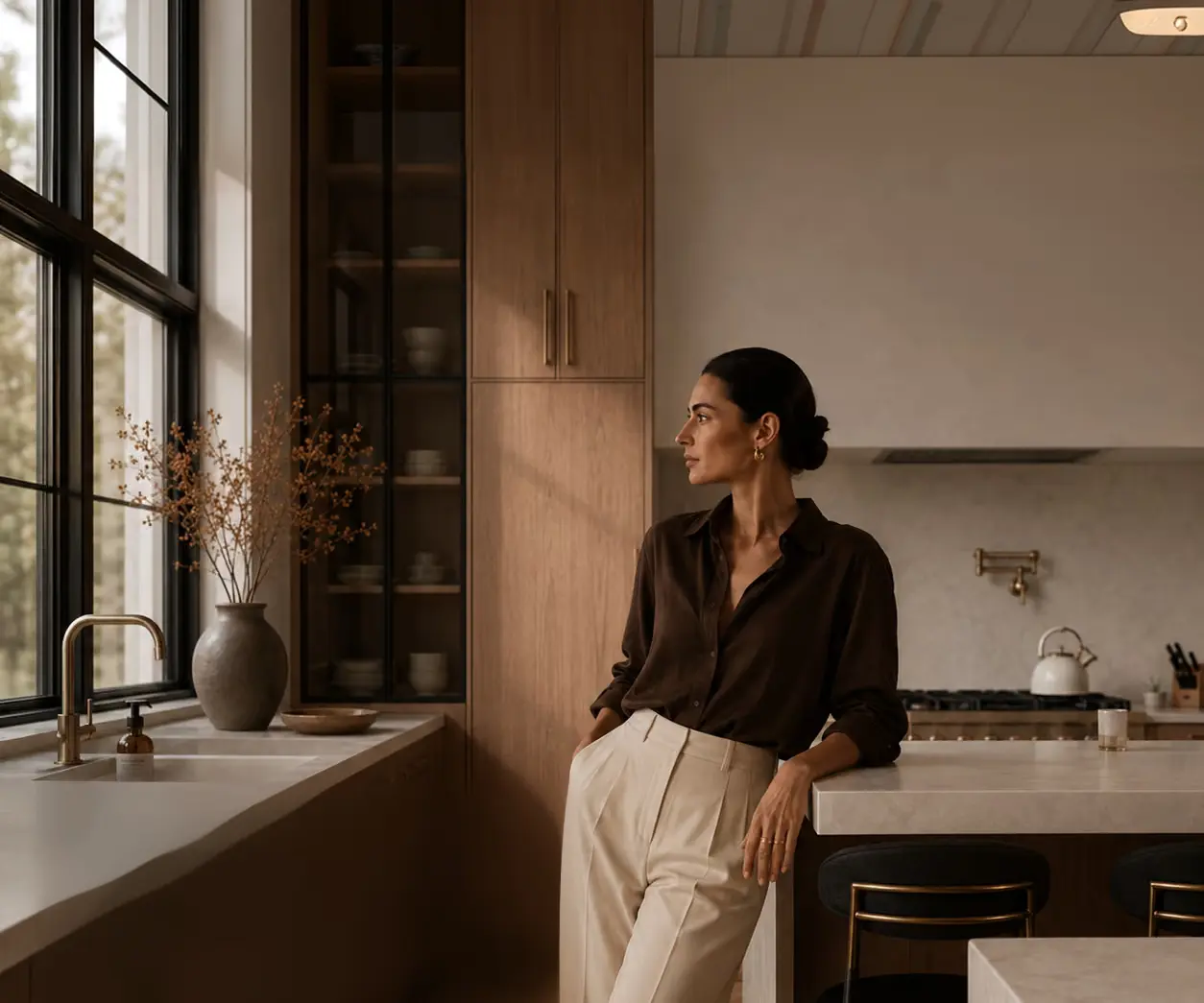 Woman with dark hair in a bun, wearing a dark brown shirt and beige pants, leaning against a kitchen island in a modern kitchen with large windows, wooden cabinetry, a vase with dried branches, and a white kettle on the stove.
