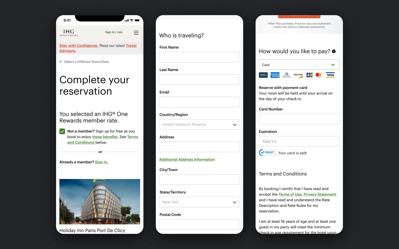 Reservation and payment — IHG mobile booking screens