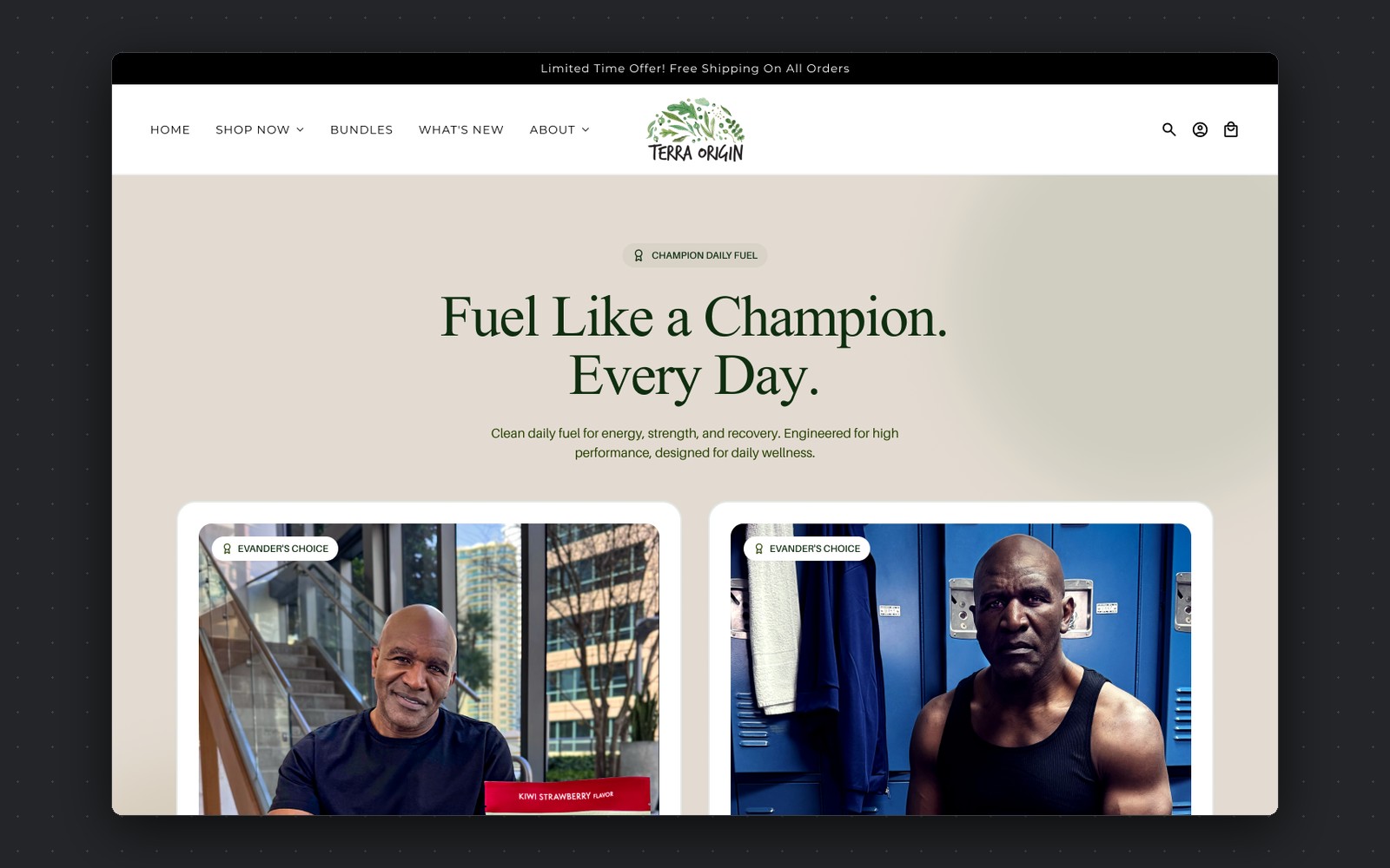 Terra Origin — supplement brand landing page with hero and product cards
