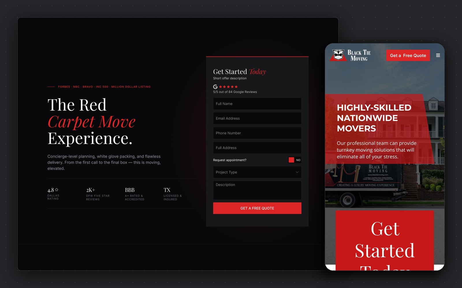 Black Tie Moving — nationwide movers homepage, desktop and mobile