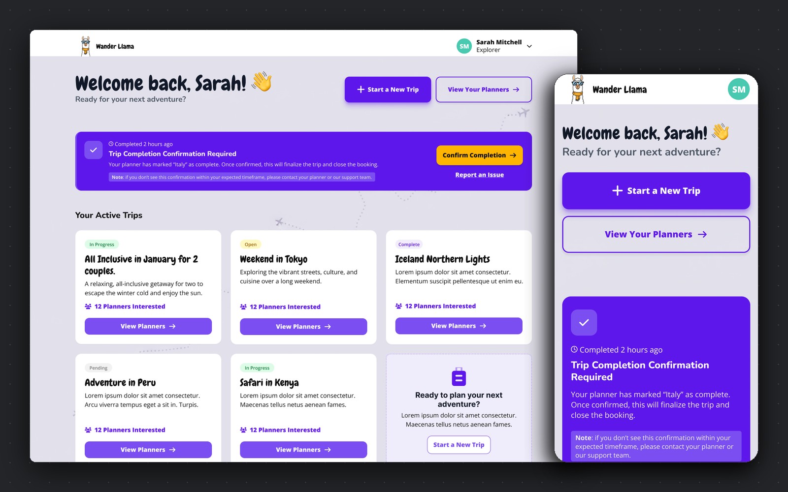 WanderLlama — traveler dashboard with active trips, desktop and mobile