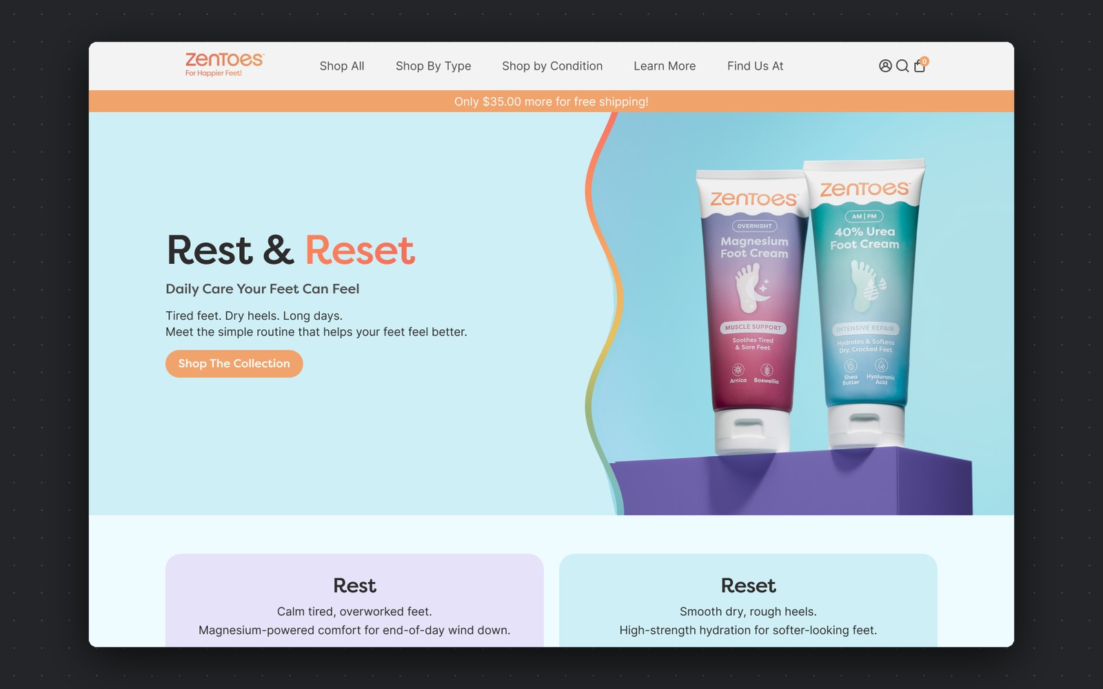 Zentoes Rest and Reset — foot care landing page with product hero