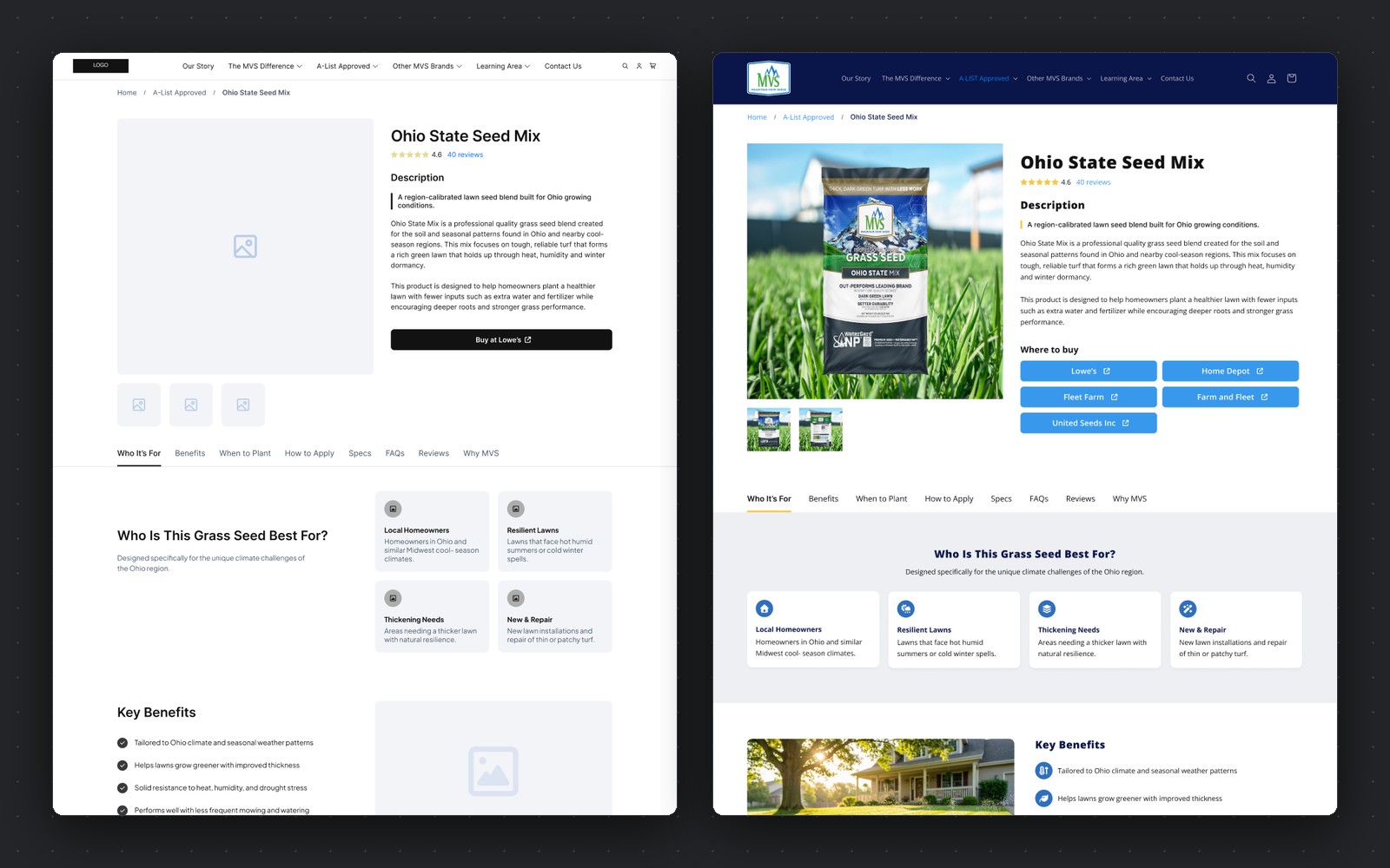 MVS Lawn — product detail page wireframe beside the finished design