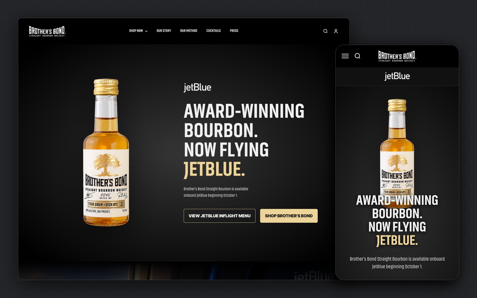 Brothers Bond × JetBlue — bourbon landing page, desktop and mobile