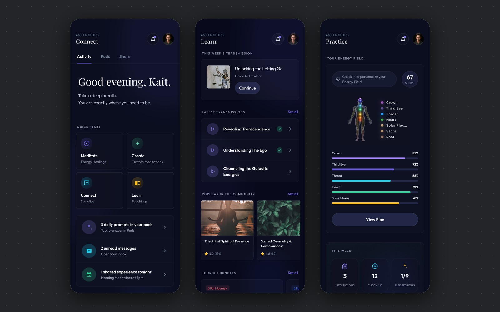 Ascencious — wellness community app redesign: connect, practice and learn screens