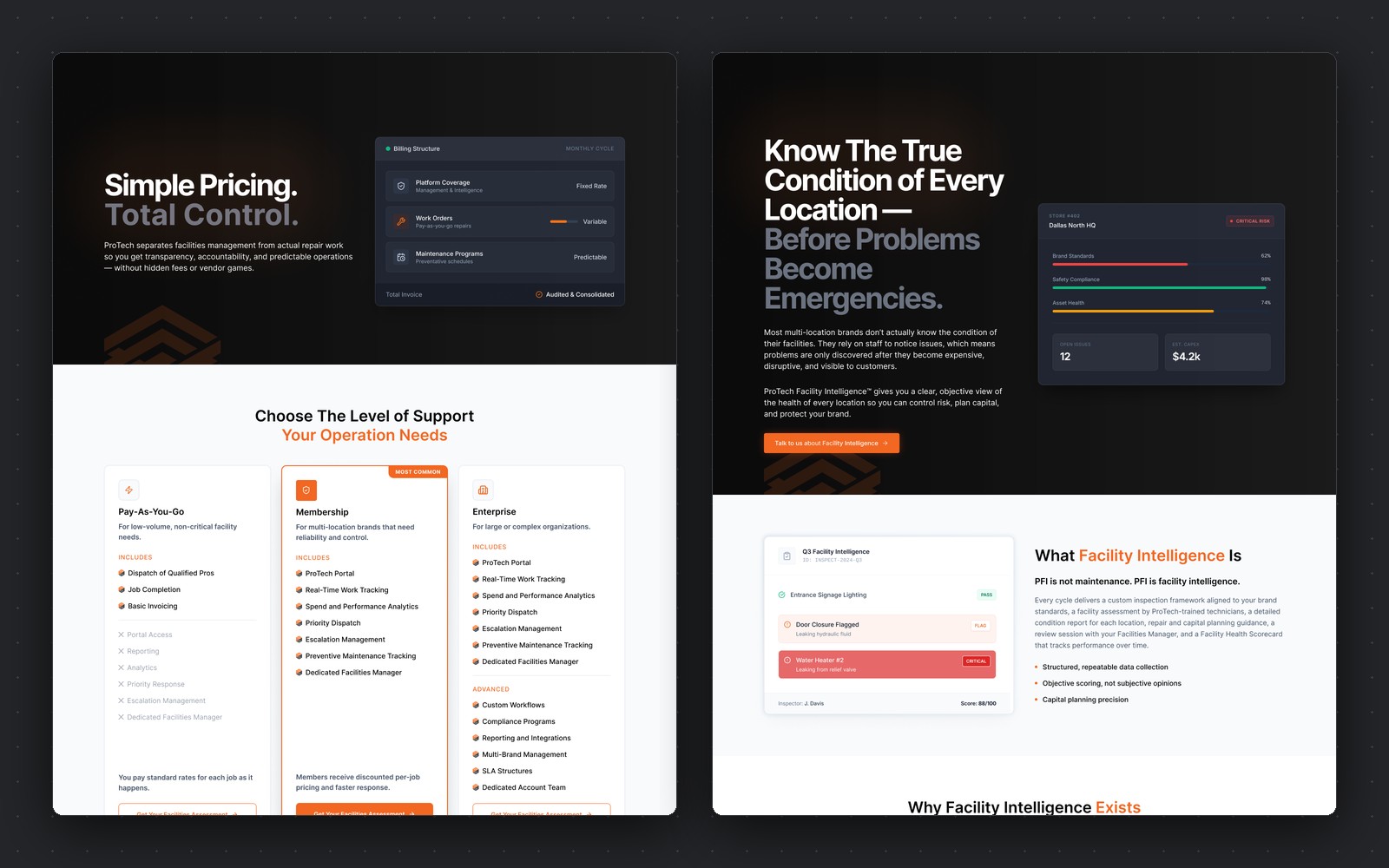 ProTech — pricing page and facility intelligence page side by side