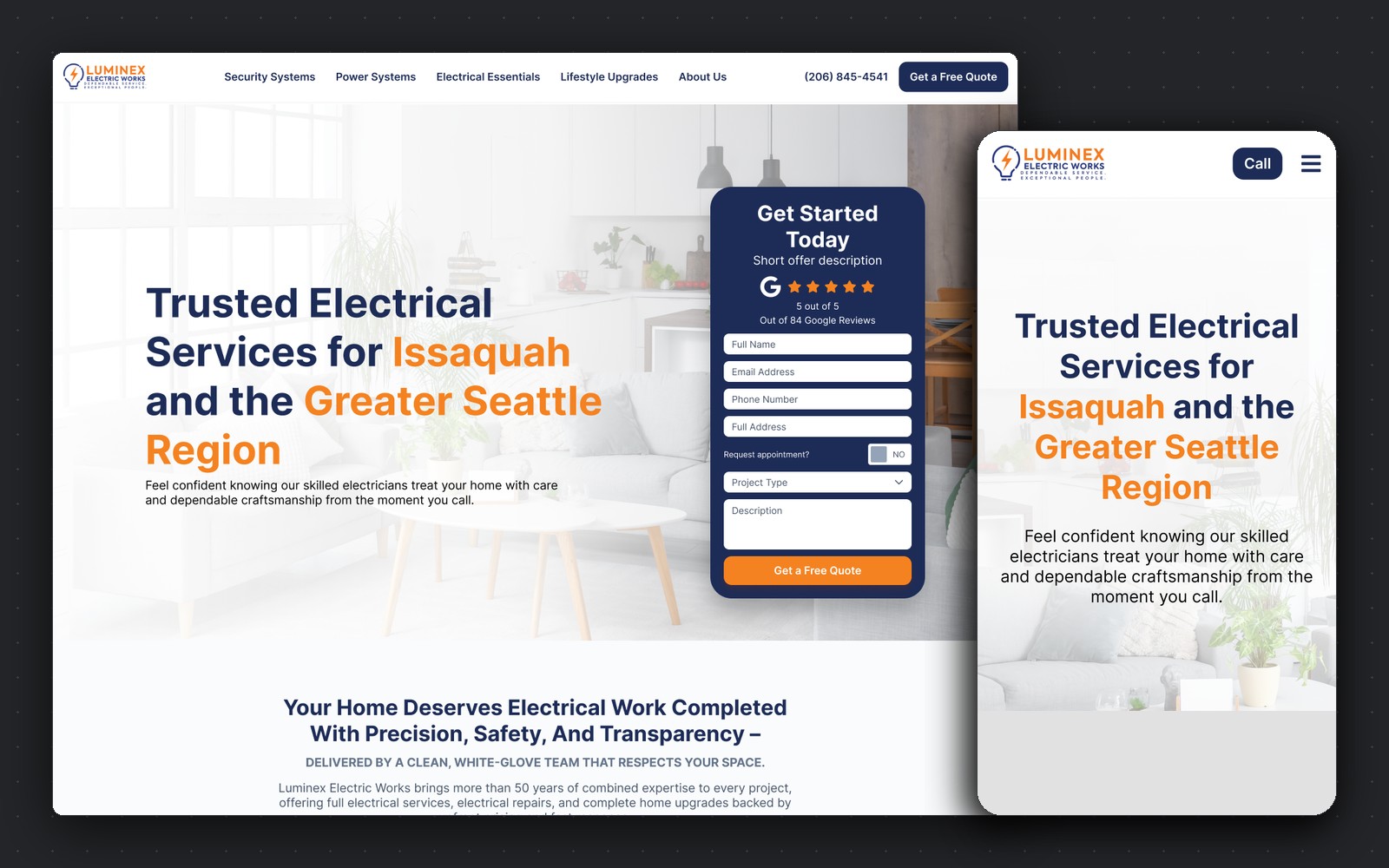 Luminex Electric Works — electrical services homepage, desktop and mobile