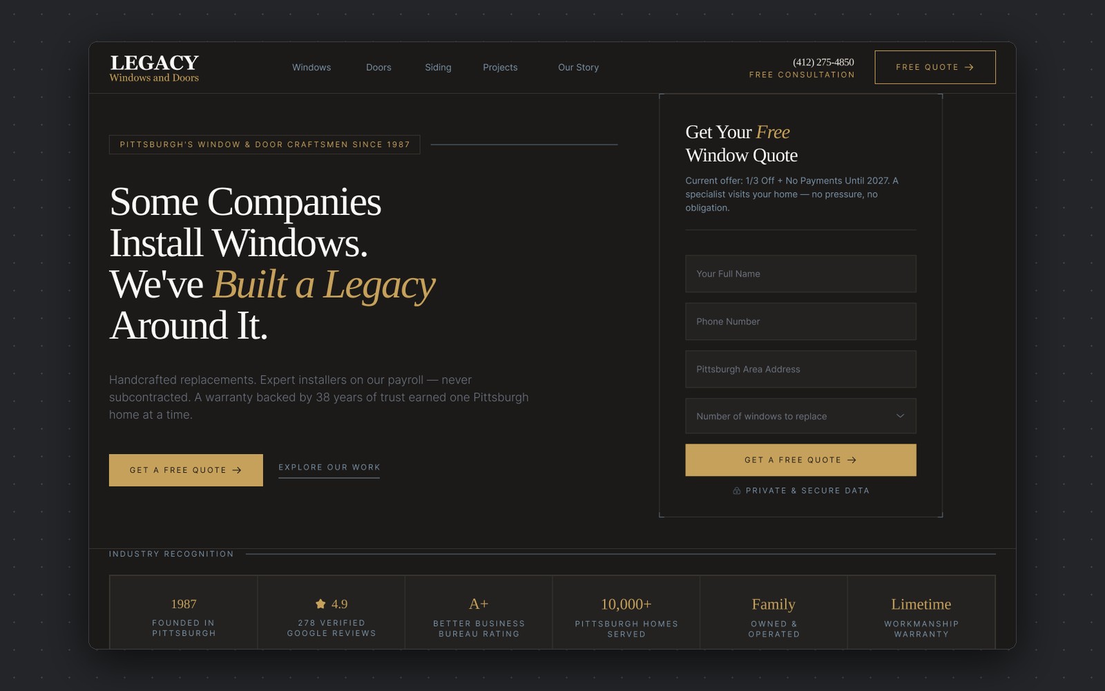 Legacy Remodeling — window and door craftsmen homepage, dark editorial hero with quote form