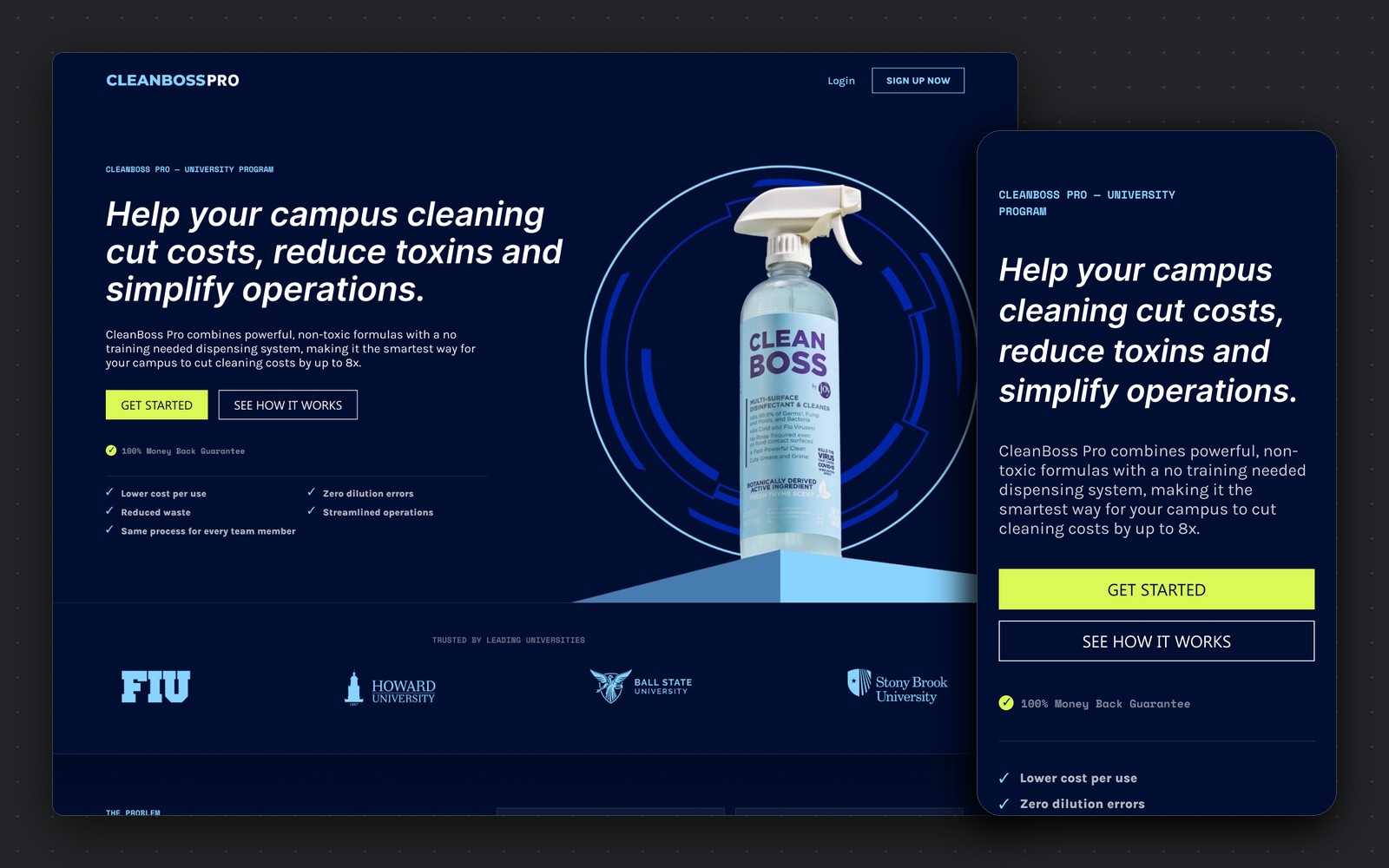CleanBoss Pro Universities — campus cleaning landing page, desktop and mobile