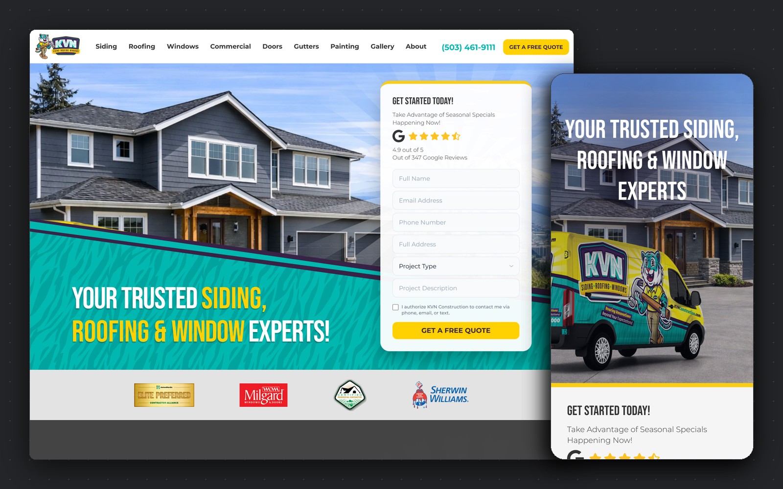 KVN Construction — siding, roofing and window experts homepage, desktop and mobile