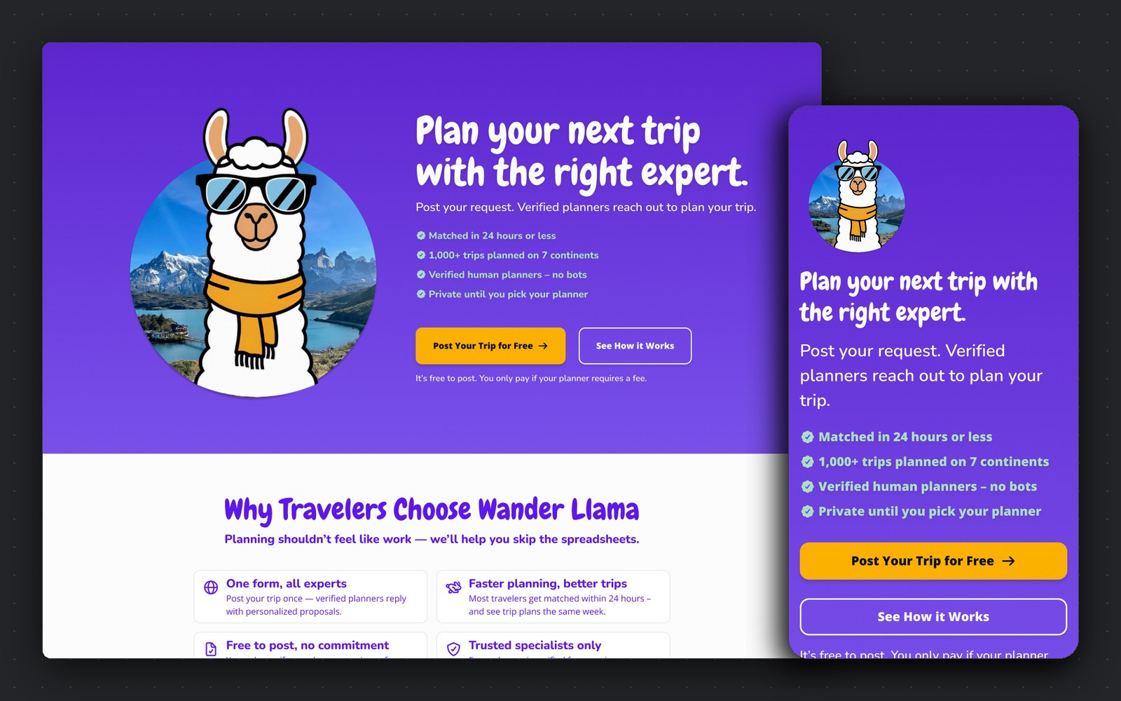 WanderLlama — traveler landing page with llama mascot, desktop and mobile