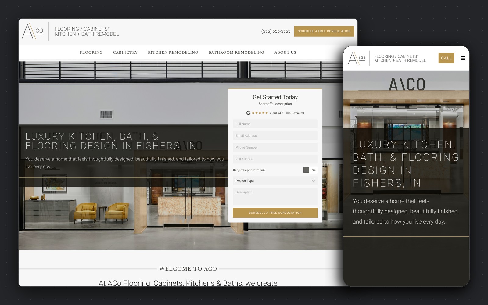 ACo — flooring, cabinetry, kitchen and bath remodel homepage, desktop and mobile