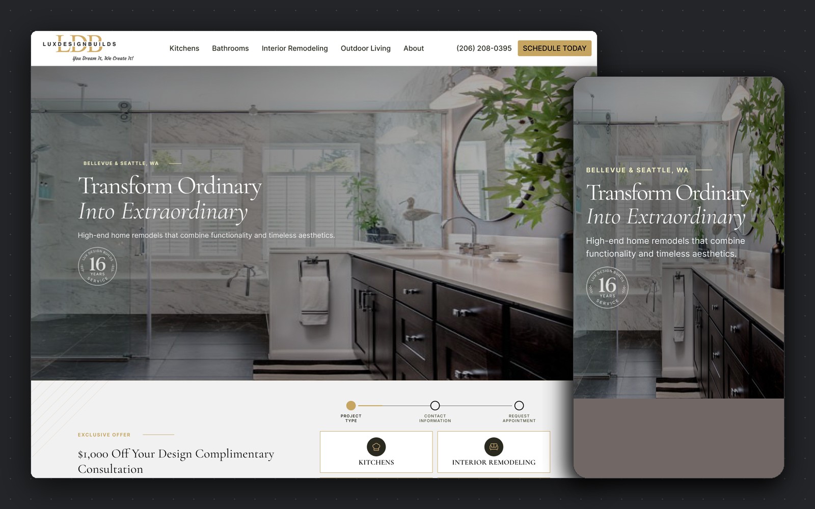 LuxDesignBuilds — kitchen and bath remodel homepage, desktop and mobile